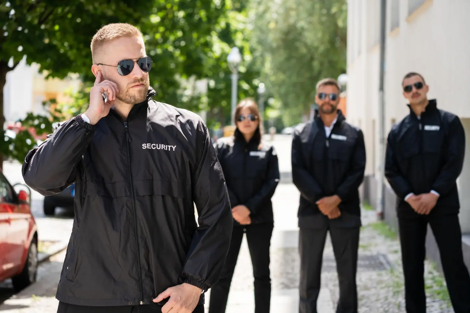 Uniformed security guard managing crowd control at a live event, highlighting their vital role alongside surveillance solutions.