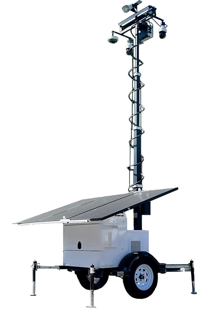 Mobile surveillance trailer with solar panel and cameras.