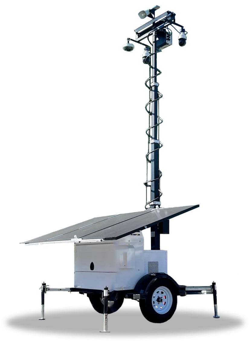 Mobile surveillance trailer with solar panel and cameras.