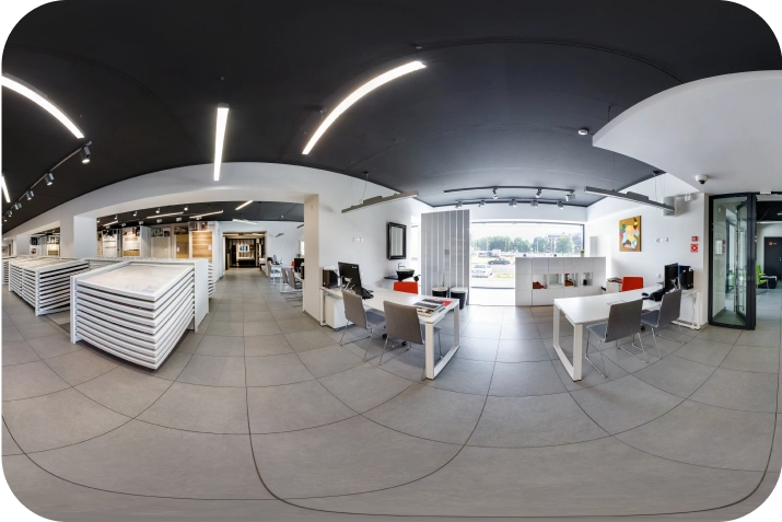 Modern office interior with open workspace layout and product displays, representing professional office security system coverage by American Security Force.