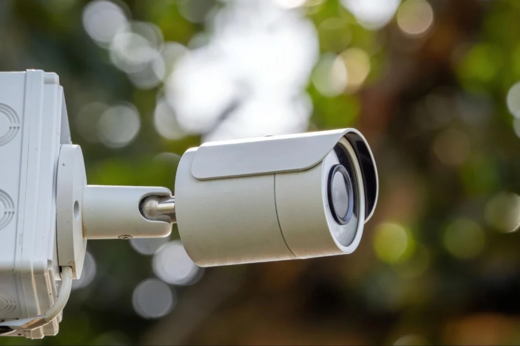 Close-up of a school security surveillance camera, representing proactive safety monitoring as part of school security guard services – American Security Force.