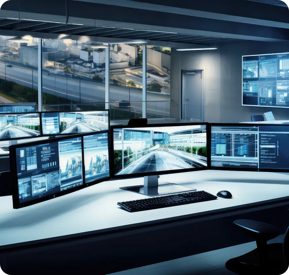 Security Response Center for Real-Time Monitoring and Surveillance High-tech security response center with multiple monitors displaying live surveillance feeds and advanced monitoring systems."
