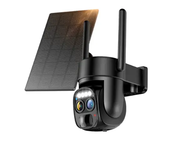Solar-powered PTZ security camera with dual lenses, floodlight, and wireless antennas installed for outdoor surveillance by American Security Force