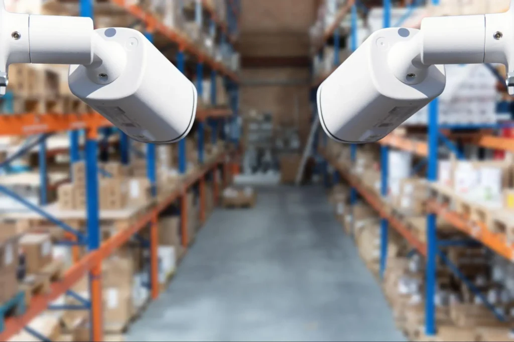 Warehouse security cameras monitoring inventory and storage aisles as part of professional warehouse security services by American Security Force.