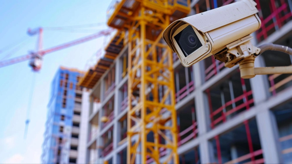 Surveillance camera monitoring an active construction site with cranes and scaffolding, highlighting the importance of construction site security by American Security Force.
