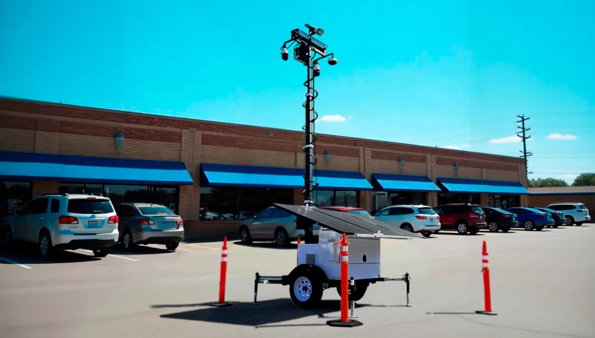 Mobile surveillance trailer with solar panels and mounted security cameras, enhancing commercial parking lot safety through property monitoring.