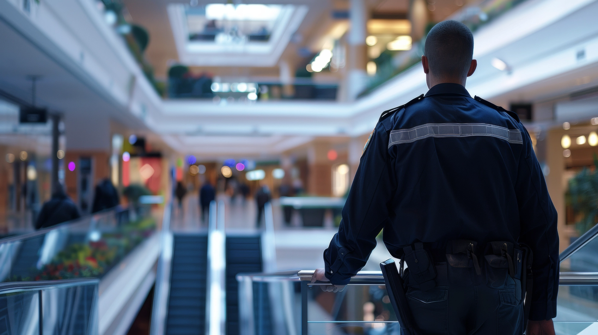 Security guard monitoring a shopping mall to deter organized crime and ensure public safety – American Security Force