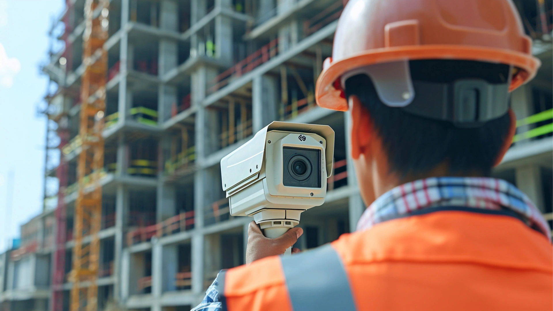 Construction worker in orange safety vest and helmet installing a surveillance camera at a busy construction