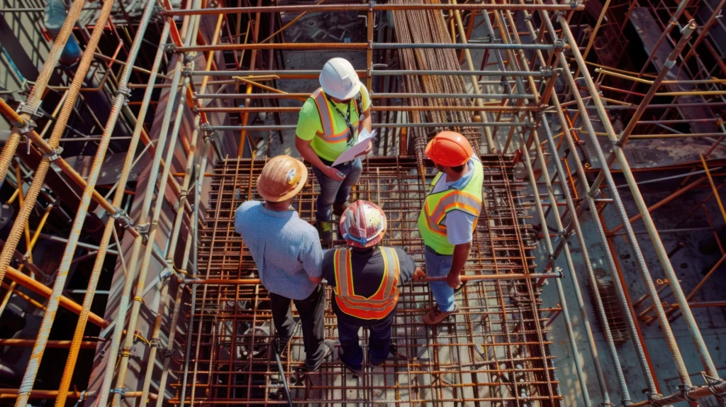 Construction professionals discussing safety and construction site security plan at an active job site.