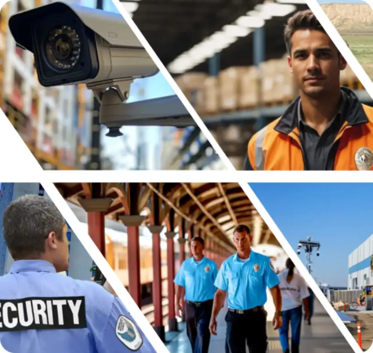 Collage showcasing remote surveillance, warehouse security, uniformed security guards, and facility patrol services provided by American Security Force across various industries.