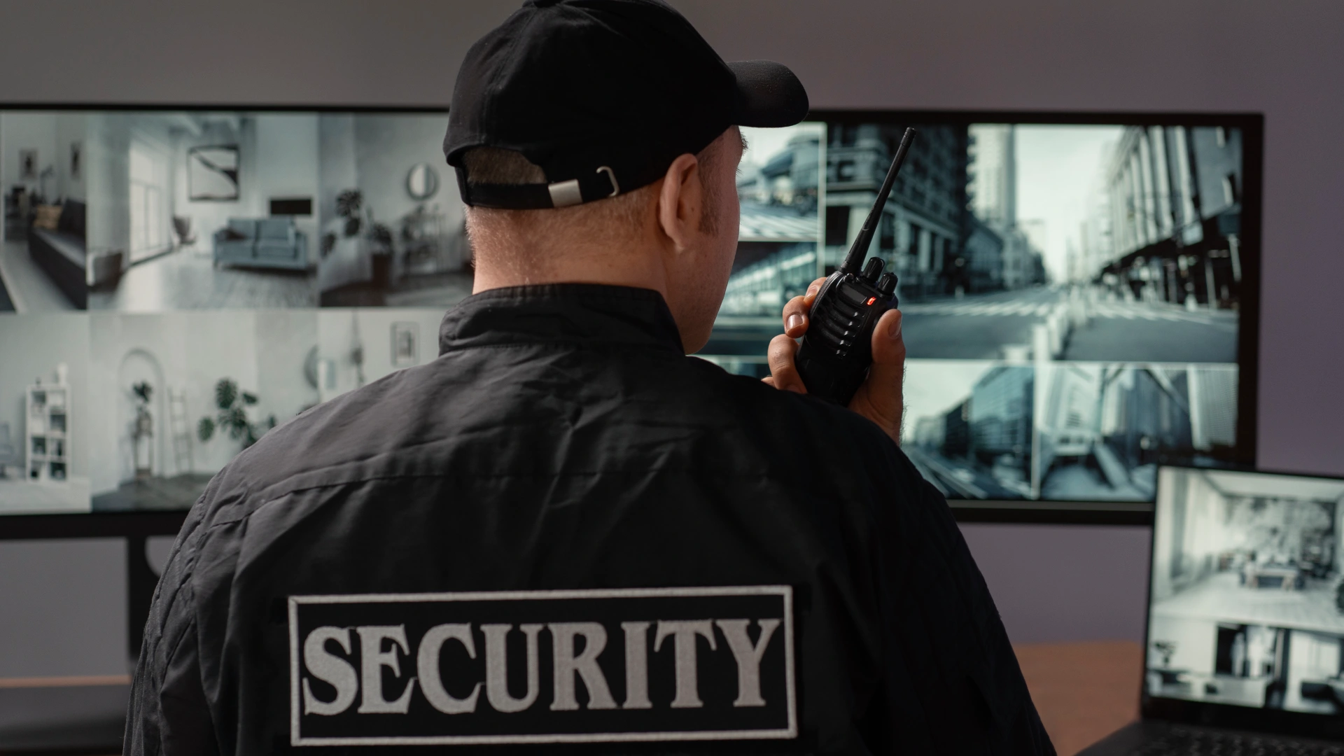 Security guard overseeing live surveillance footage in control room.