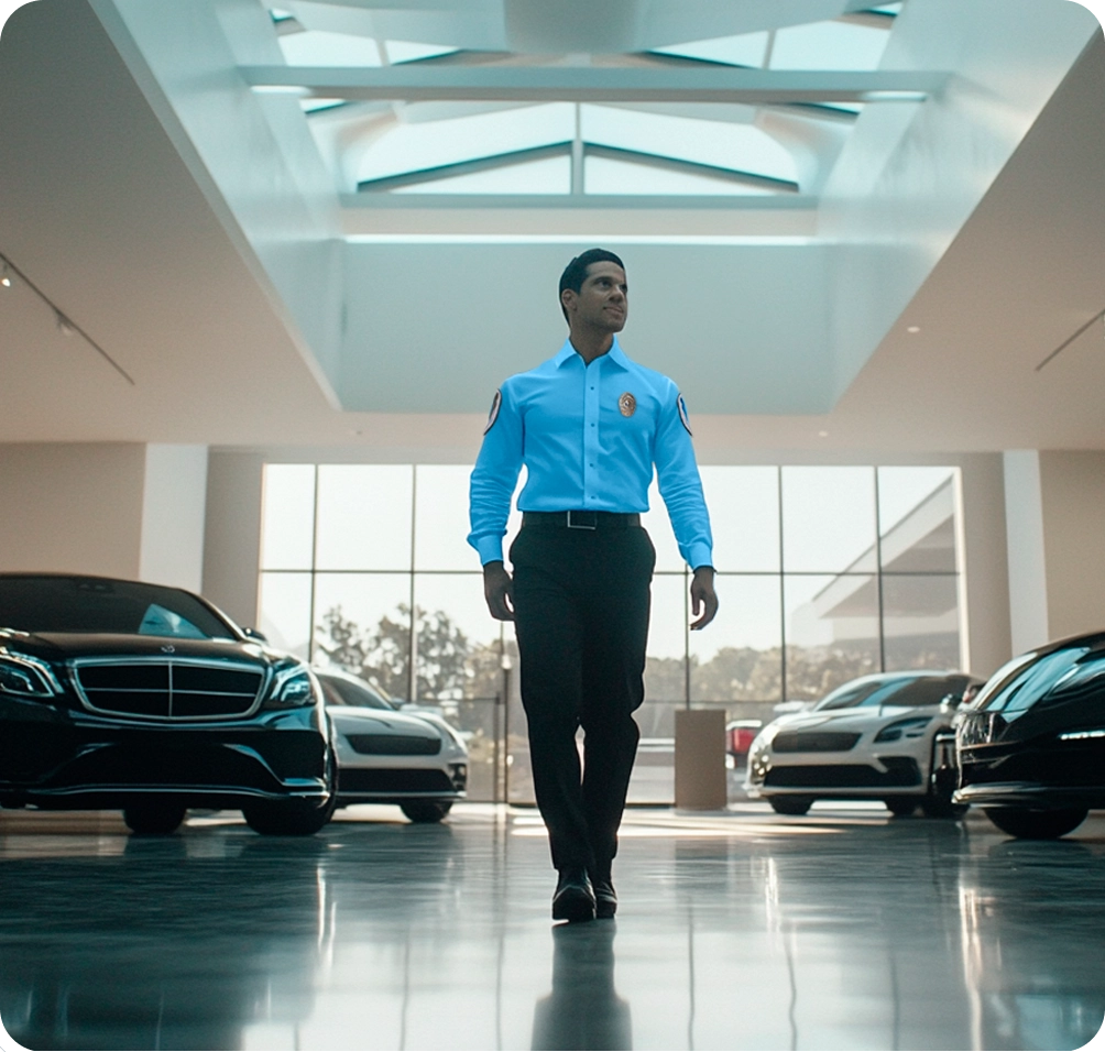 American Security Force | Security Guard Services for Car Dealerships Professional security guard patrolling luxury car dealership – American Security Force provides expert security guard services to protect high-value assets.