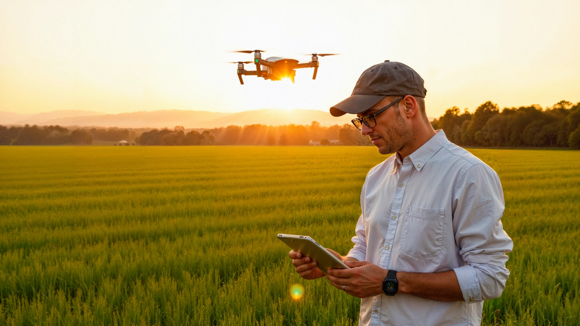 Security professional using a drone for surveillance in an agricultural field at sunset, showcasing the benefits of drones in modern monitoring.