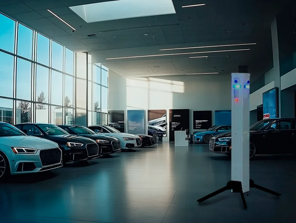 Advanced indoor security camera system from American Security Force protecting a luxury car dealership showroom.