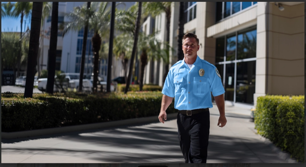 American Security Force officer conducting a daytime security patrol outside a modern commercial office building.