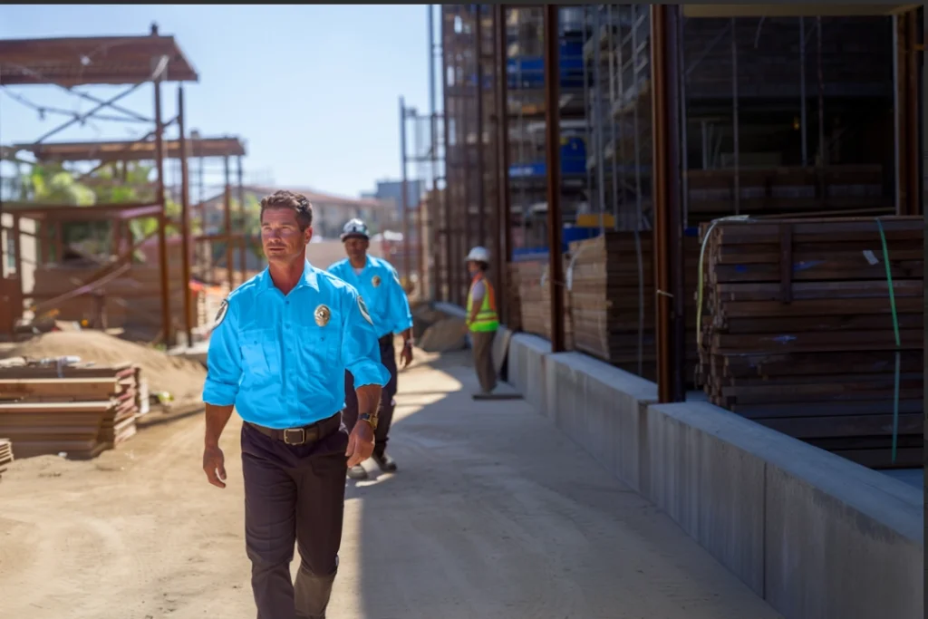 American Security Force guards patrolling an active construction site, ensuring safety and theft prevention during daytime operations.