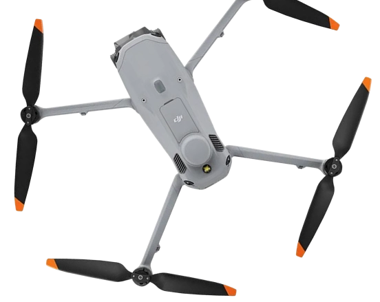 Top view of a high-tech surveillance drone with orange-tipped propellers, used by American Security Force for aerial security monitoring.