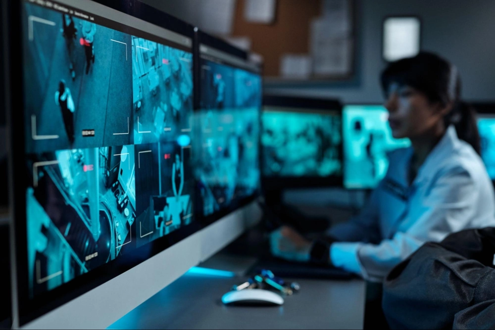 American Security Force operator monitoring multiple live security camera feeds through a centralized remote surveillance system.