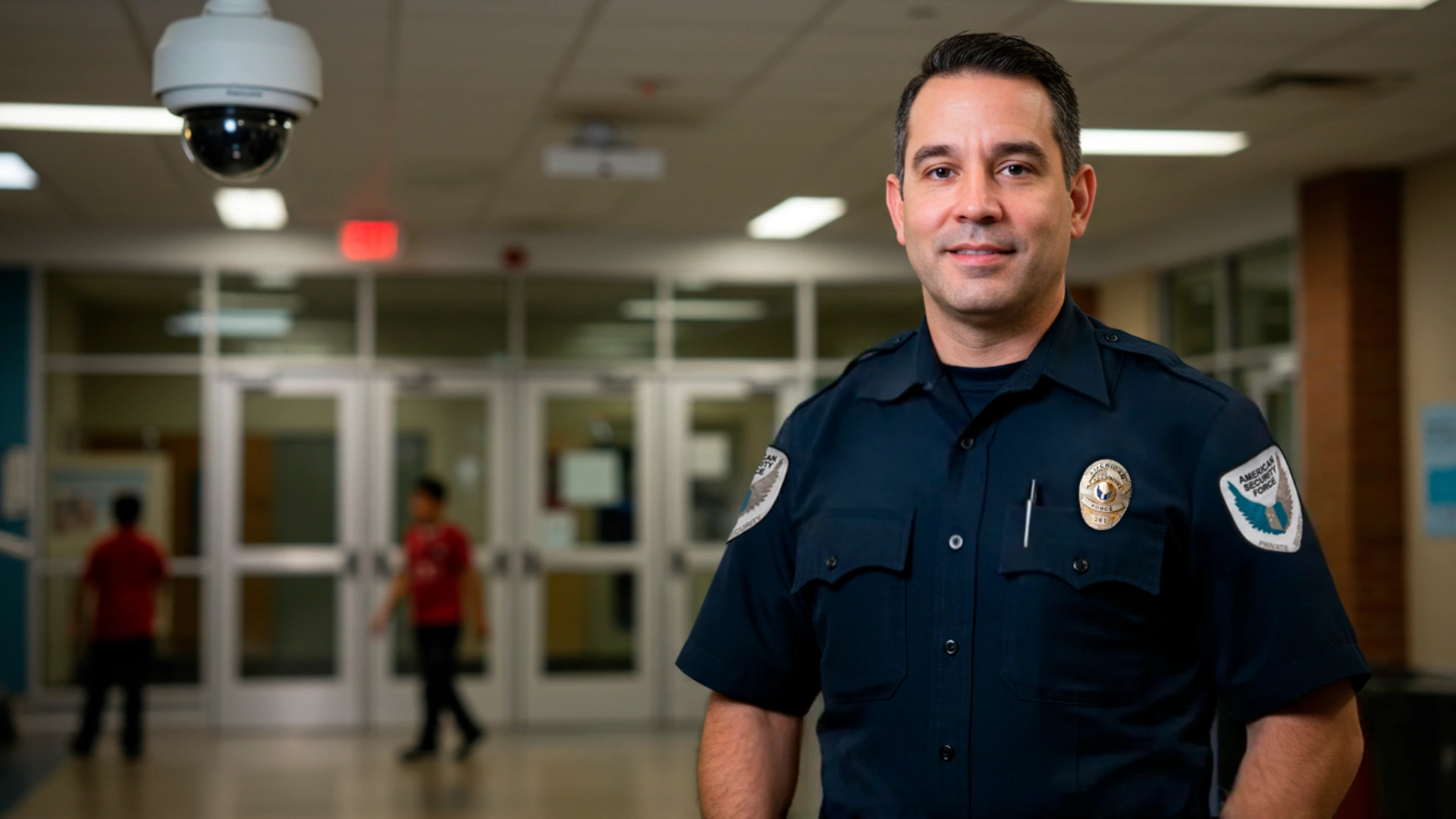 Uniformed security guard inside a school building supporting school safety.