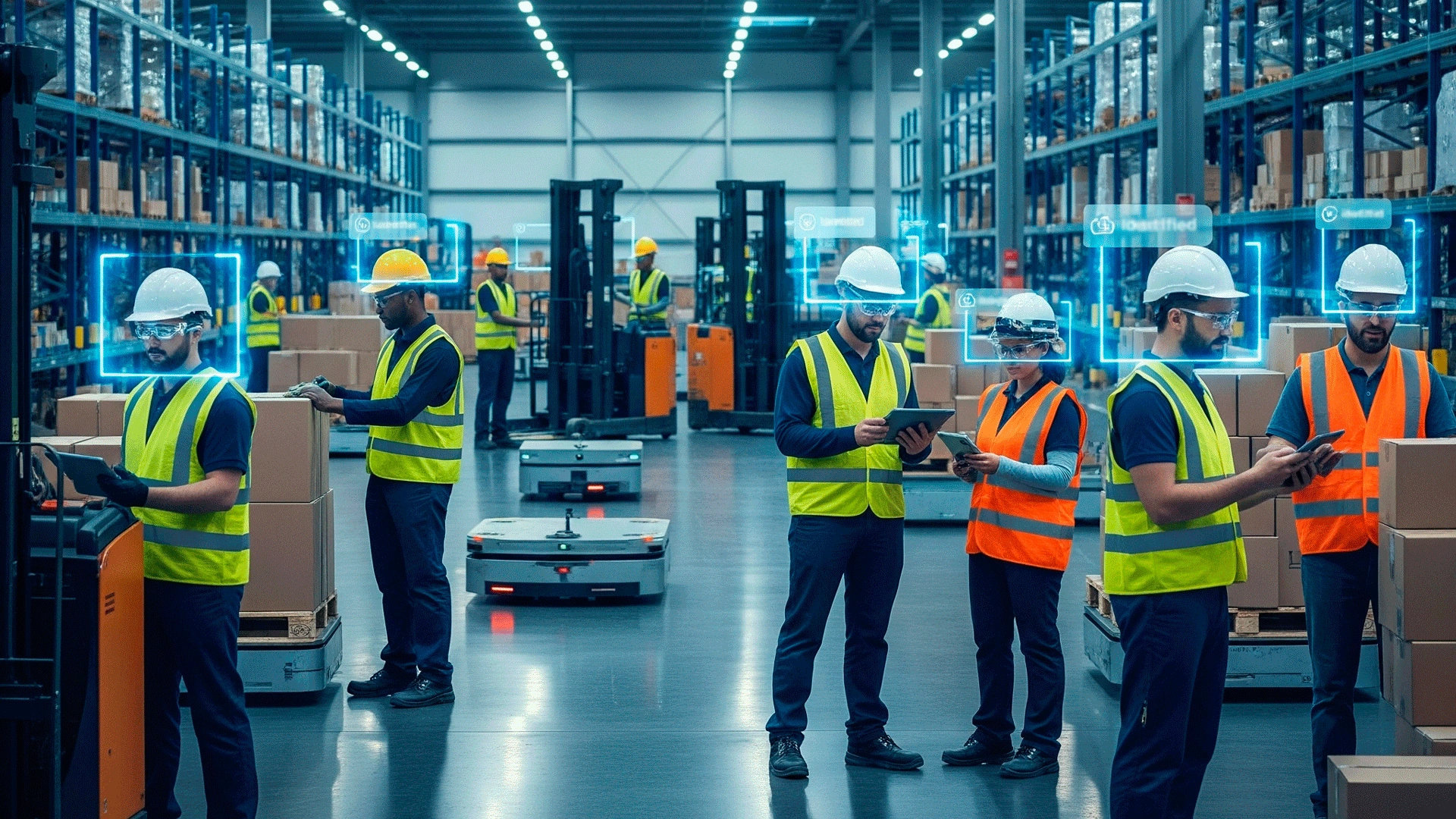 AI-powered surveillance trailer camera monitoring warehouse workers, showcasing advanced security technology.