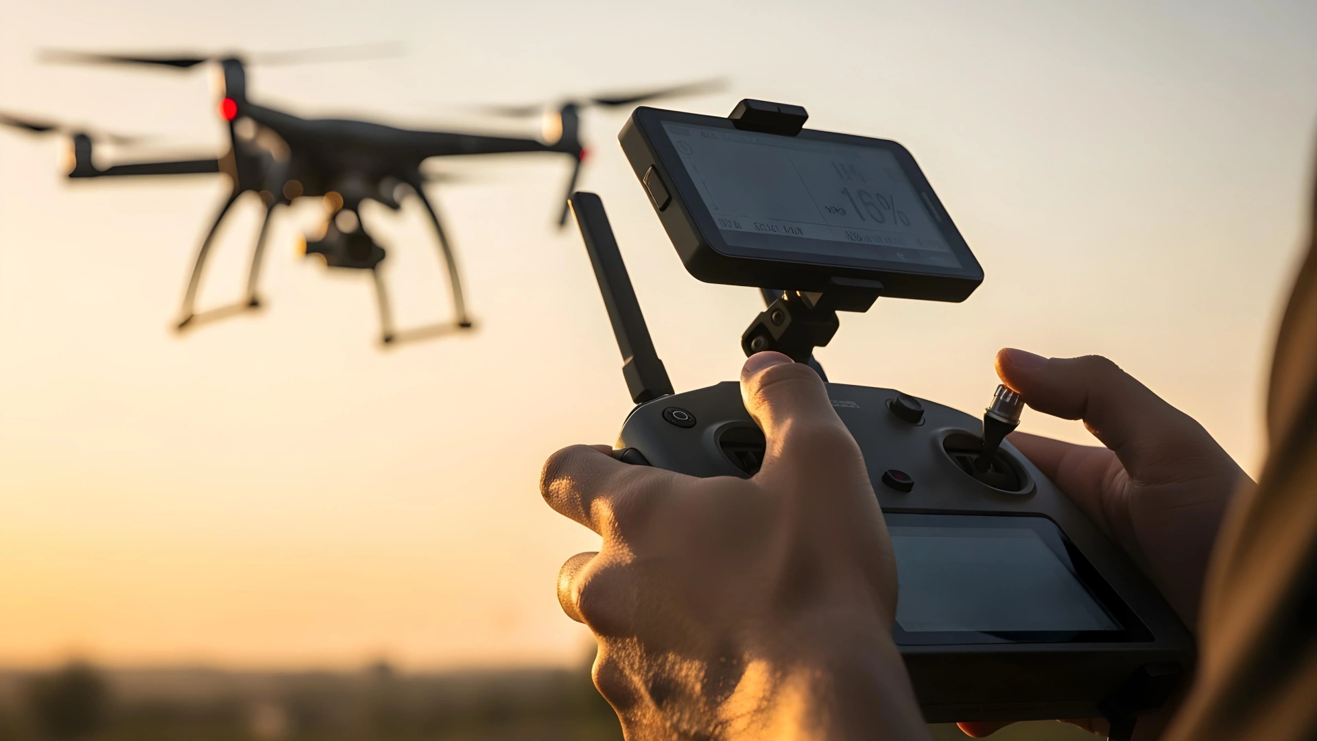 Close-up of a security professional operating a surveillance drone using AI technology at sunset, representing AI in security and surveillance by American Security Force