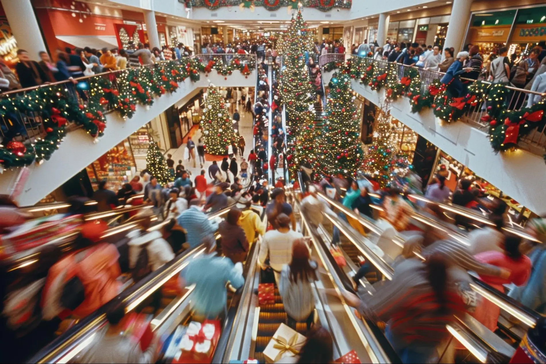 Crowded shopping mall decorated for the holidays with escalators full of shoppers — a prime example of the need for effective mall security during the holiday season provided by American Security Force.