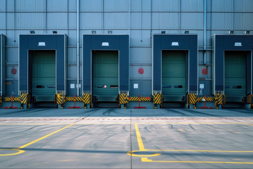 Closed industrial loading docks at a secure warehouse facility protected by American Security Force's warehouse security services