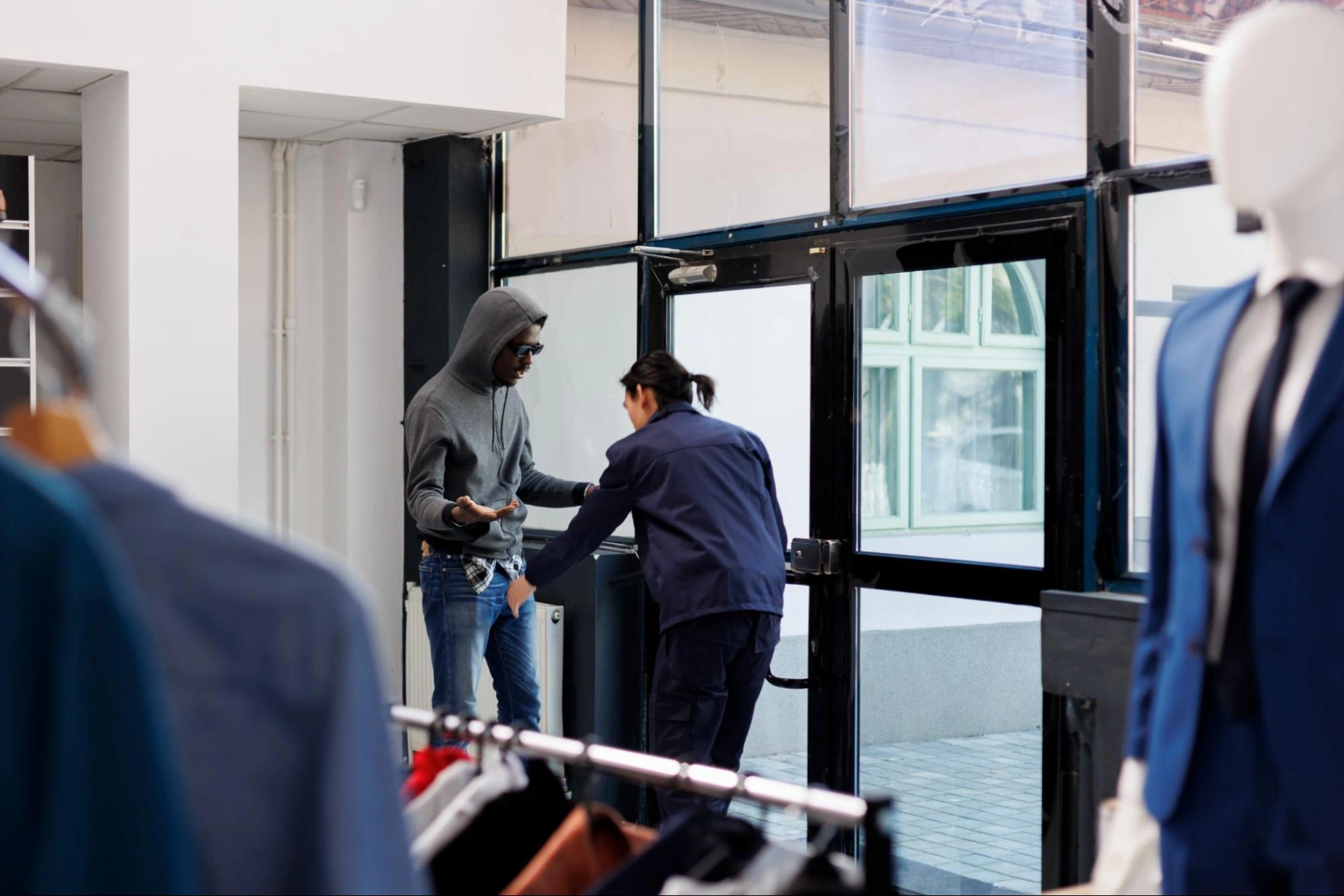 Retail store security guard from American Security Force detaining a suspected shoplifter at store exit.