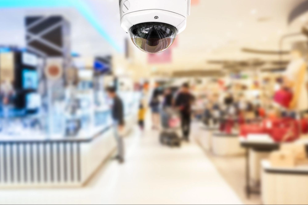 High-definition retail video surveillance camera monitoring a busy store interior, security services by American Security Force.