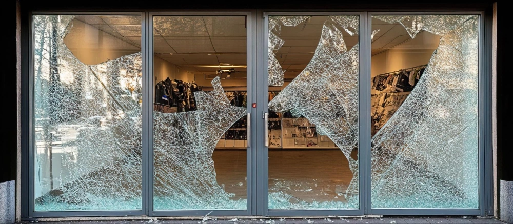 Retail store break-in damage – protect your business with American Security Force security solutions Shattered glass doors of a retail store after a break-in, highlighting the need for improved commercial security