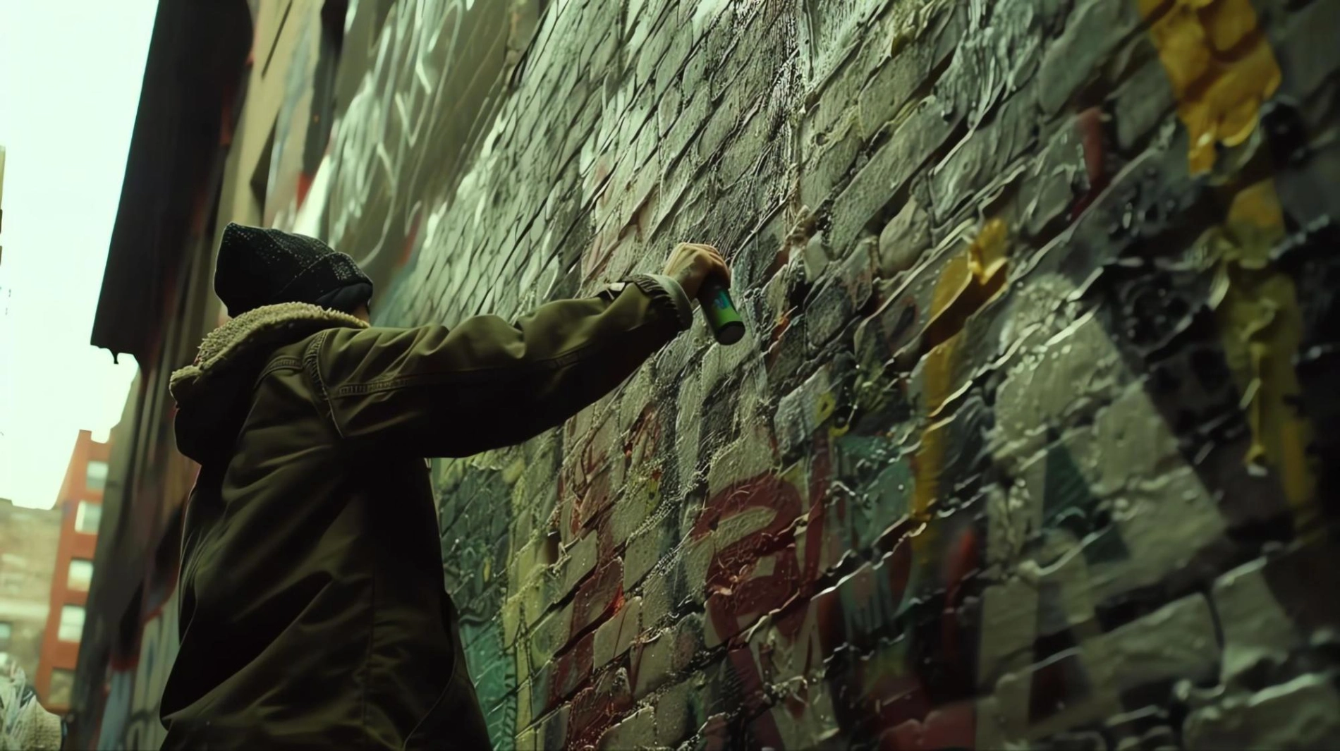 Individual spray painting graffiti on a brick wall in an urban alleyway, illustrating common property vandalism risks.