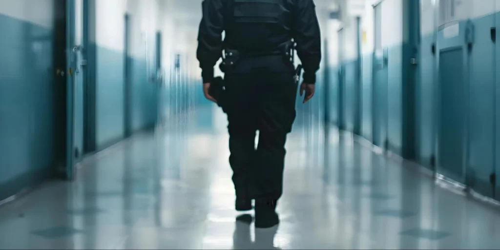 American Security Force Indoor Facility Security Patrol American Security Force security guard conducting an indoor patrol inside a secured facility corridor