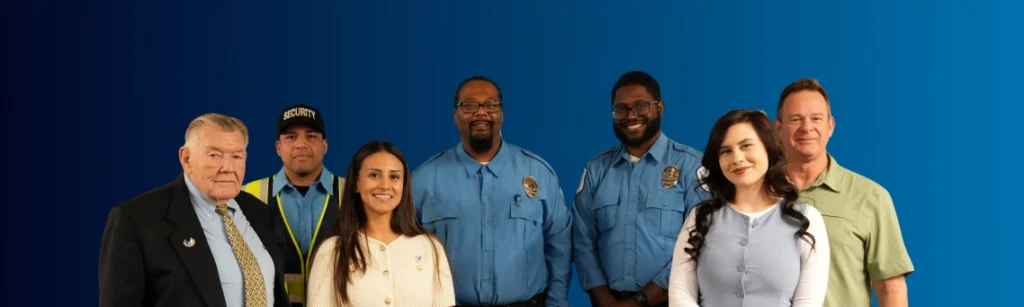 Diverse team of American Security Force guards and professionals standing together representing security services
