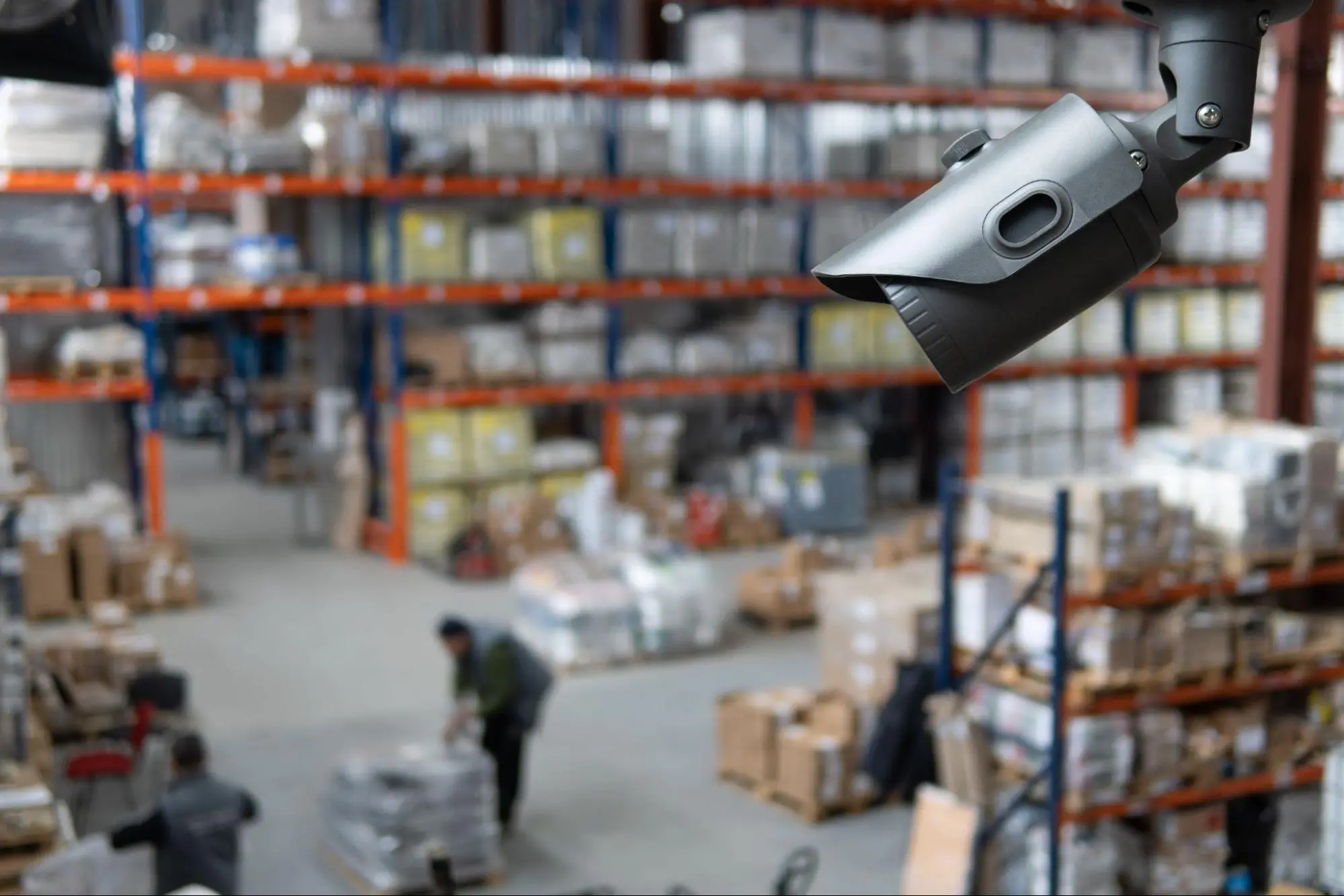 Security camera monitoring warehouse inventory and workers in distribution center by American Security Force