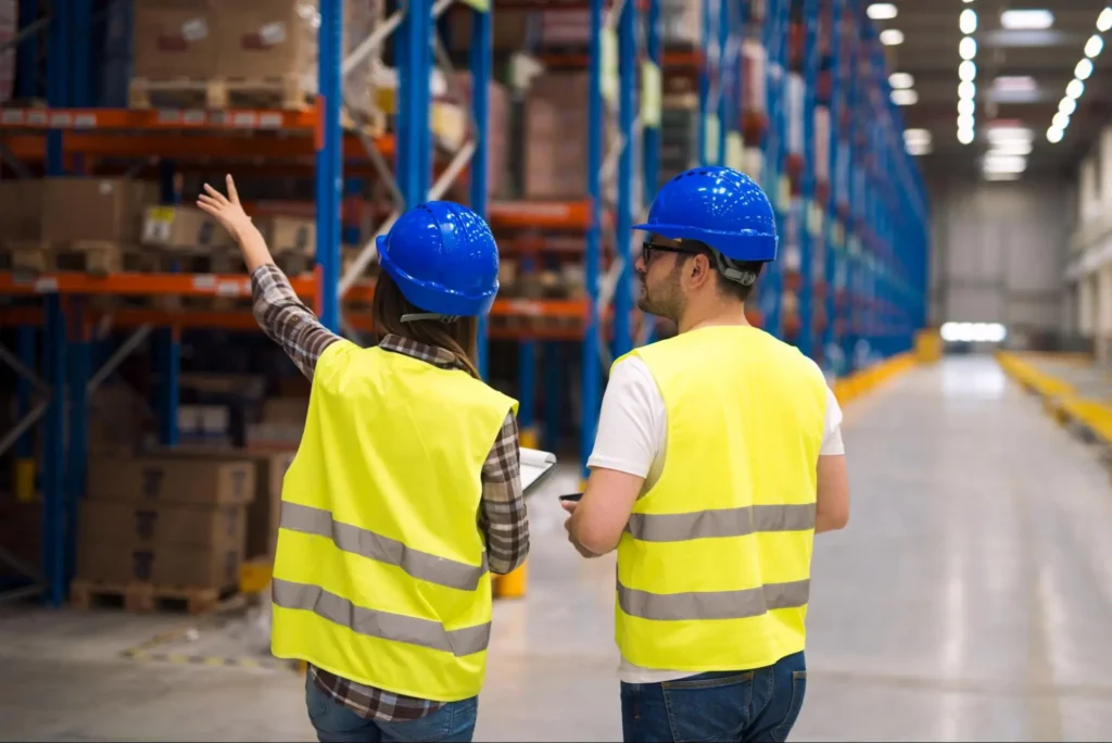 Warehouse workers in safety vests and helmets conducting inventory inspection in secure facility by American Security Force