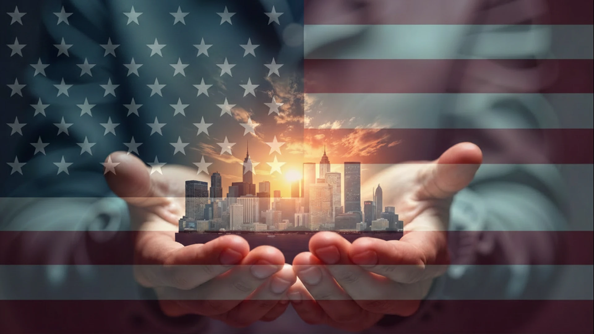 An abstract image of a city skyline hold in hands and the American flag.